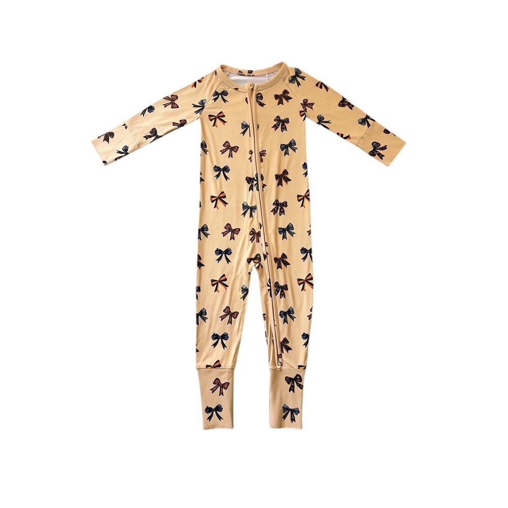 Minikin Mischief Bamboo Bow Print Zippy Sleeper Mustard Yellow 18-24M NWT